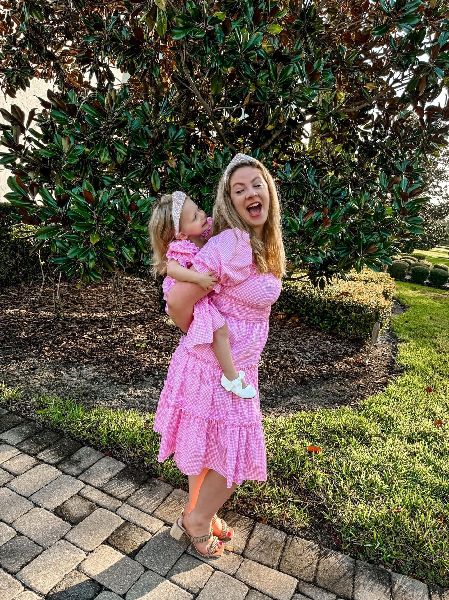 Women's Pink Gingham Smock Dress