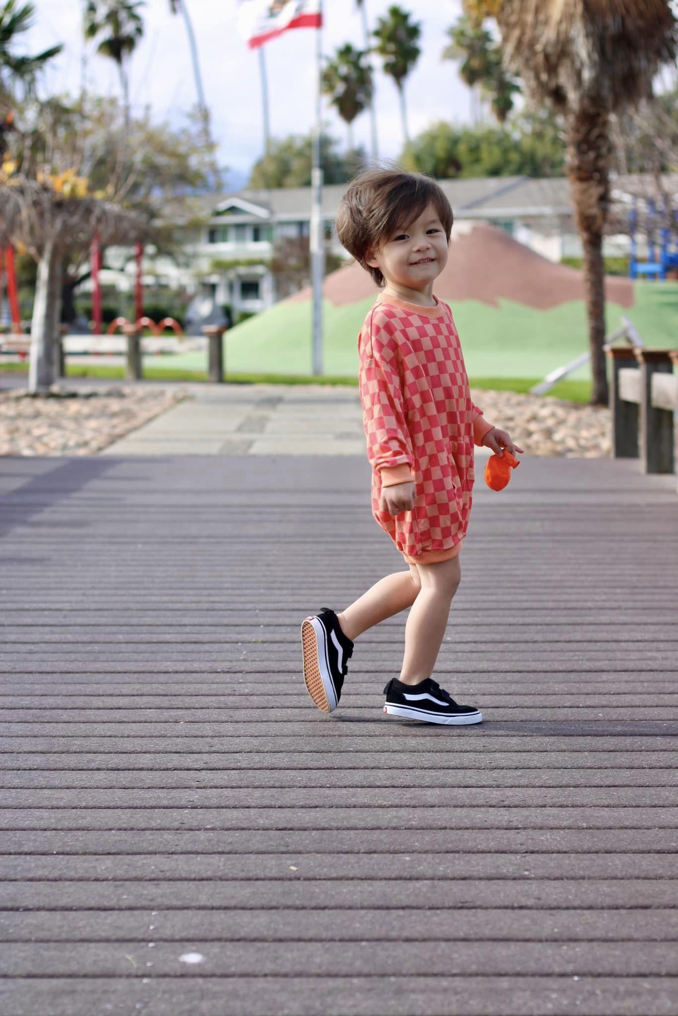 Peach Checker Sweater Romper | Bamboo Terry